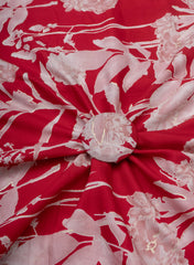 Pure Muslin Red Color Floral Screen Print Fabric With Foil .