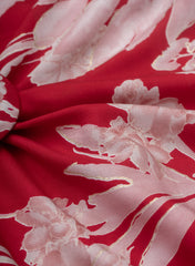 Pure Muslin Red Color Floral Screen Print Fabric With Foil .