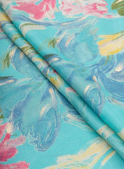 Pure Muslin Sky Blue Color Floral Screen Print Fabric With Foil .