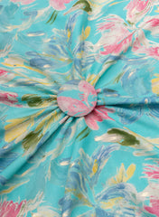 Pure Muslin Sky Blue Color Floral Screen Print Fabric With Foil .