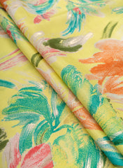 Pure Muslin Neon Yellow Color Floral Screen Print Fabric With Foil .