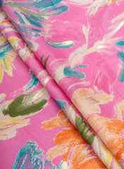 Pure Muslin Pink Color Floral Screen Print Fabric With Foil .