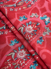 Modal Chanderi Red Color Paisley Pattern Screen Print Fabric With Foil