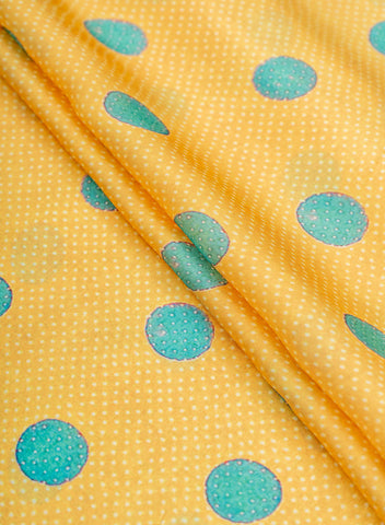 (Pre Cut -3 Meter) Satin Georgette Amber Yellow Color Polka Dots Pattern Hybrid Print Fabric.