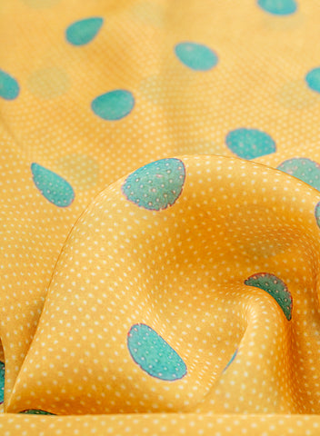 (Pre Cut -3 Meter) Satin Georgette Amber Yellow Color Polka Dots Pattern Hybrid Print Fabric.