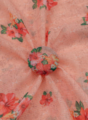 Linen Peach color Floral Pattern Hybrid Print Fabric.