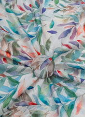 Linen Satin Off White Color Floral Pattern Digital Print Fabric.