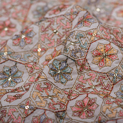 Multi Thread With Zari And Gold Sequins Floral Embroidery On Off White Cotton Fabric