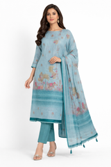 Premium Sky Blue Linen Suit Set with Intricate Cultural Motifs