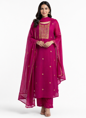 Elegant Rani Pink Mul Chanderi Suit Set with Gold Embroidery