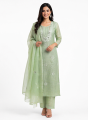 Pastel Mint Green Mul Chanderi Suit Set with Mirror & Thread Embroidery