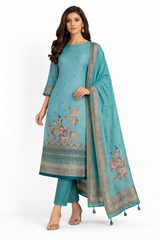Teal Linen Suit Set with Subtle Motif Work