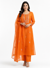 Vibrant Orange Mul Chanderi Suit Set with Mirror & Thread Embroidery