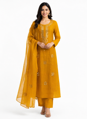 Elegant Mustard Mul Chanderi Suit Set with Mirror & Thread Embroidery