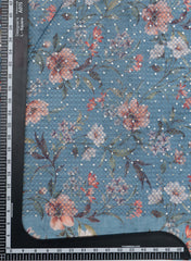 Linen Blue Color Digital Floral Print Thread And Sequins Embroidery Fabric