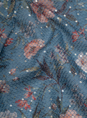 Linen Blue Color Digital Floral Print Thread And Sequins Embroidery Fabric