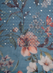 Linen Blue Color Digital Floral Print Thread And Sequins Embroidery Fabric