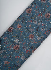 Linen Blue Color Digital Floral Print Thread And Sequins Embroidery Fabric