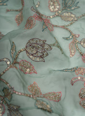 Pure Organza Mint Green Color Floral Embroidery Placement Print Fabric