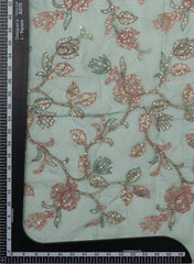 Pure Organza Mint Green Color Floral Embroidery Placement Print Fabric