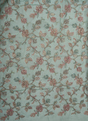 Pure Organza Mint Green Color Floral Embroidery Placement Print Fabric