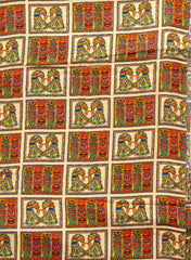 Pure Modal Satin Beige Color Madhubani Pattern Digital Print Fabric.