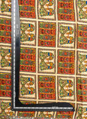 Pure Modal Satin Beige Color Madhubani Pattern Digital Print Fabric.