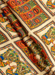 Pure Modal Satin Beige Color Madhubani Pattern Digital Print Fabric.