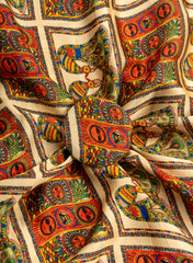 Pure Modal Satin Beige Color Madhubani Pattern Digital Print Fabric.