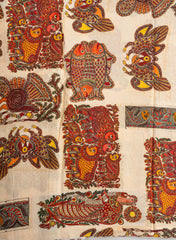 Pure Modal Satin Beige Color Madhubani Pattern Digital Print Fabric.