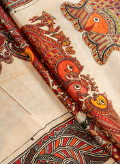 Pure Modal Satin Beige Color Madhubani Pattern Digital Print Fabric.