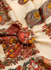 Pure Modal Satin Beige Color Madhubani Pattern Digital Print Fabric.