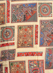 Pure Modal Satin Beige Color Madhubani Pattern Digital Print Fabric.