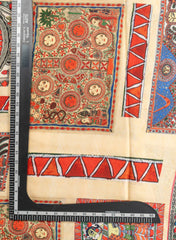 Pure Modal Satin Beige Color Madhubani Pattern Digital Print Fabric.