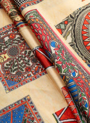 Pure Modal Satin Beige Color Madhubani Pattern Digital Print Fabric.