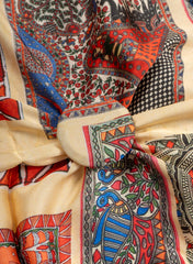 Pure Modal Satin Beige Color Madhubani Pattern Digital Print Fabric.