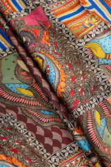 Pure Modal Satin Multi Color Madhubani Pattern Digital Print Fabric.
