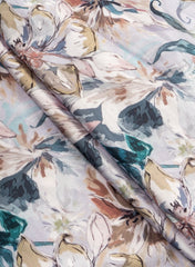 Linen Satin Shades Of Grey Color Floral Pattern Digital Print Fabric.