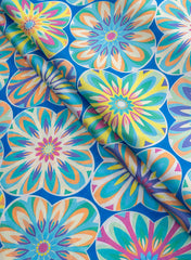 Linen Satin Blue Color Floral Pattern Digital Print Fabric.