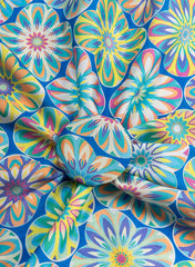 Linen Satin Blue Color Floral Pattern Digital Print Fabric.