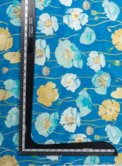 Linen Satin Ocean Blue Color Floral Pattern Digital Print Fabric.