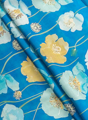 Linen Satin Ocean Blue Color Floral Pattern Digital Print Fabric.