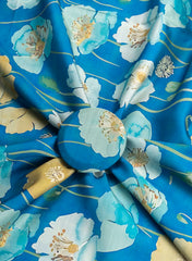 Linen Satin Ocean Blue Color Floral Pattern Digital Print Fabric.