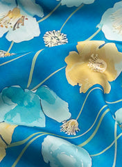 Linen Satin Ocean Blue Color Floral Pattern Digital Print Fabric.