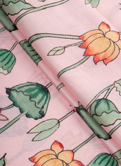 Linen Satin Baby Pink Color Floral Pattern Digital Print Fabric.