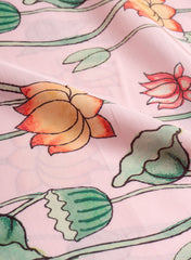 Linen Satin Baby Pink Color Floral Pattern Digital Print Fabric.