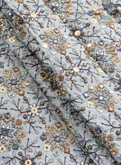 Pure Dola Silk Grey Color Resham And Sequins Work Embroidery Fabric.