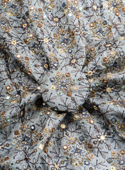 Pure Dola Silk Grey Color Resham And Sequins Work Embroidery Fabric.