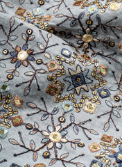 Pure Dola Silk Grey Color Resham And Sequins Work Embroidery Fabric.