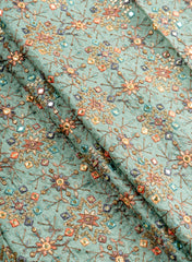 Pure Dola Silk Seafoam Green Color Resham And Sequins Work Embroidery Fabric.